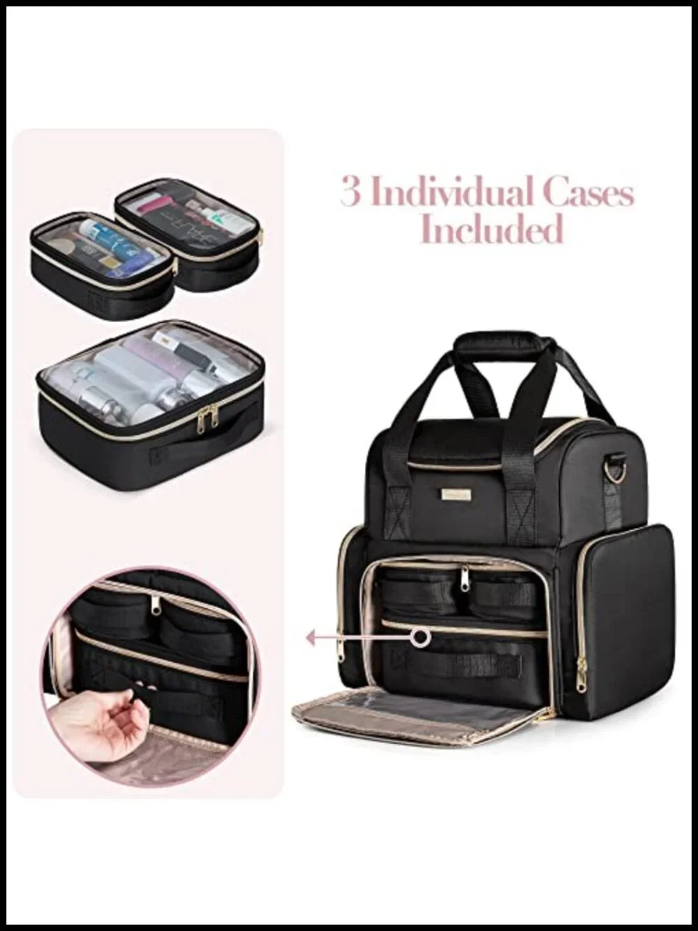 Large Double Layer Travel Makeup Organizer Bag with Brushes Storage, 3